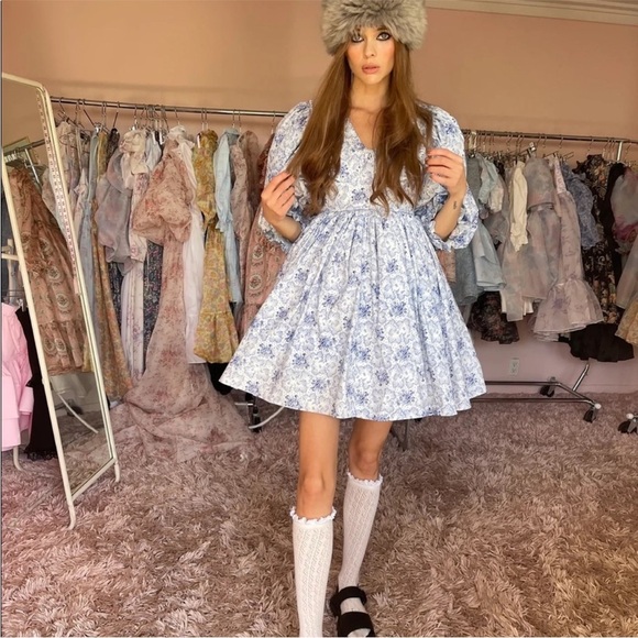 Selkie Mary Jane Puff Dress Cottagecore Milkflower Blue White Size 1X EUC - Picture 11 of 13